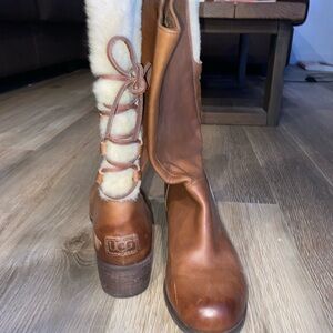 UGG Brown Heeled Boots with Smooth Leather and Low Stacked Heel
